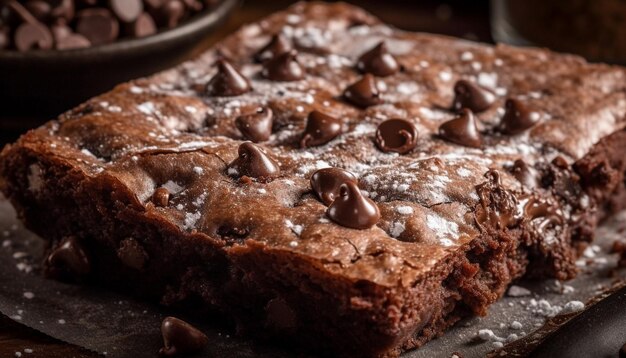 Un brownie con gocce di cioccolato su una teglia