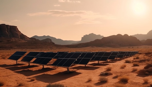 Un campo di pannelli solari nel deserto con le montagne sullo sfondo