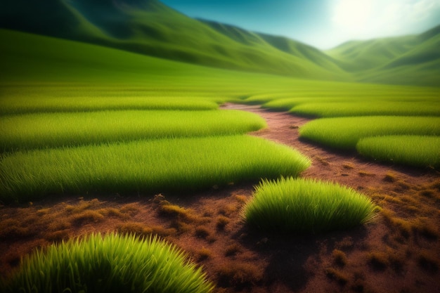 Un campo verde con erba e un cielo blu