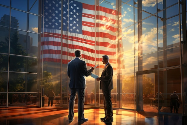 Un candidato si sta preparando a parlare al raduno in un grande ufficio con un disegno della bandiera americana sulla preparazione