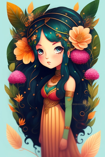 Un cartone animato di una ragazza con una corona di fiori.