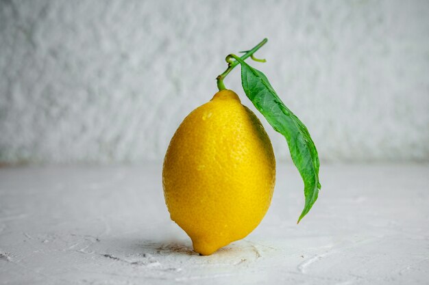 Un certo limone con la sua foglia su fondo strutturato bianco, vista laterale.