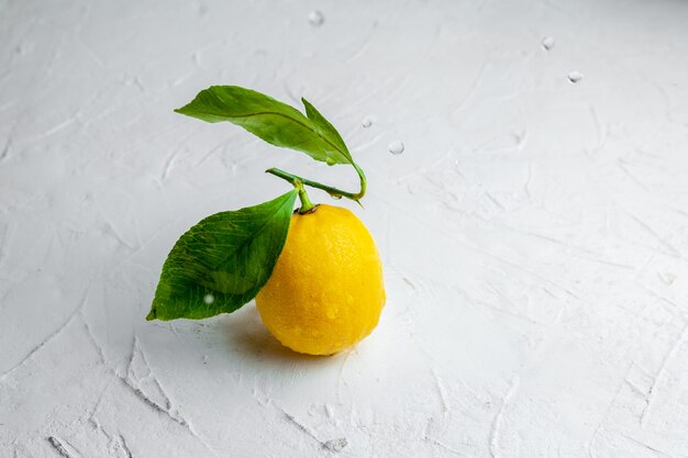Un certo limone con le foglie su fondo strutturato bianco, vista dell'angolo alto. spazio per il testo