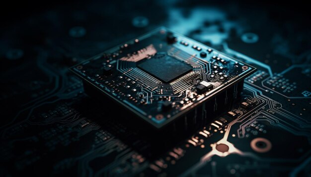Un chip di computer su uno sfondo scuro con la parola Intel su di esso.