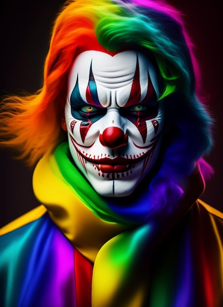 Un clown con una faccia arcobaleno e la scritta clown sul davanti.