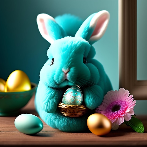 Un coniglietto blu che tiene un cesto di uova di pasqua accanto a una cornice di fiori.