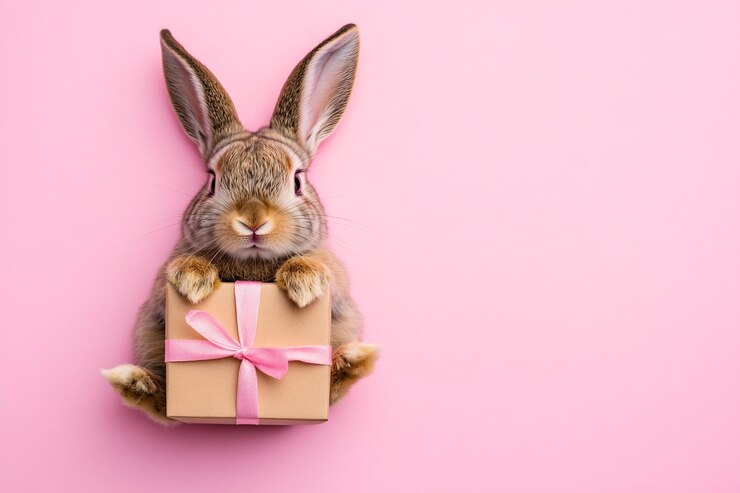Foto gratuito un coniglietto carino con una scatola da regalo sullo sfondo rosa, regalo di pasqua.