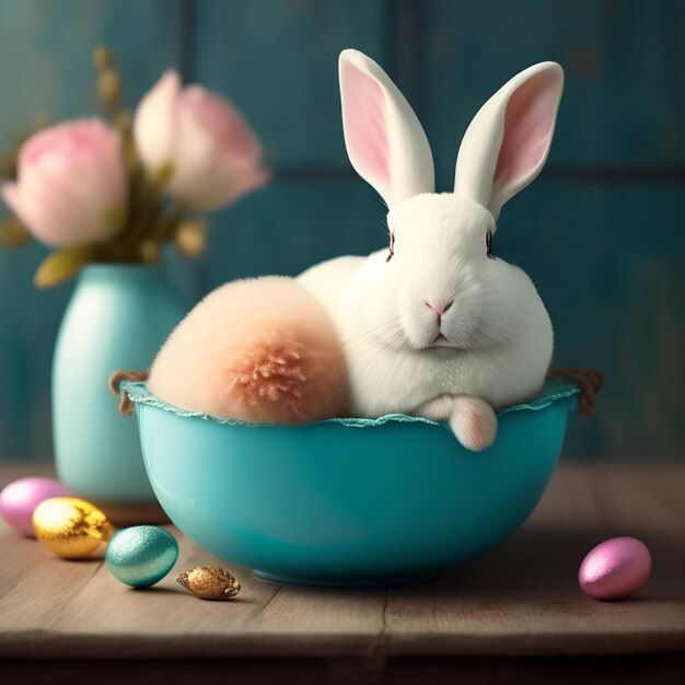 Un coniglietto si trova in una ciotola blu con dentro le uova di Pasqua.