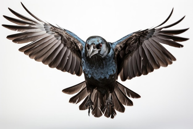 Un corvo che vola su uno sfondo bianco