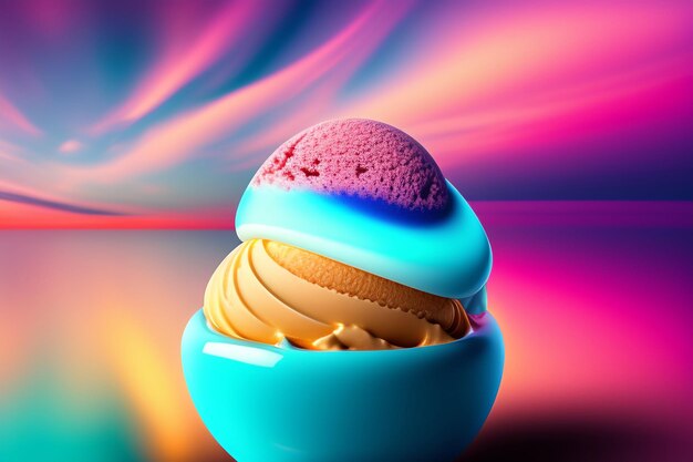 Un dessert colorato con un design swirly blu e rosa è davanti a uno sfondo colorato.