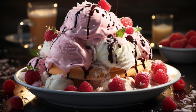 Un dessert gourmet con gelato al lampone e fragola generato dall'intelligenza artificiale
