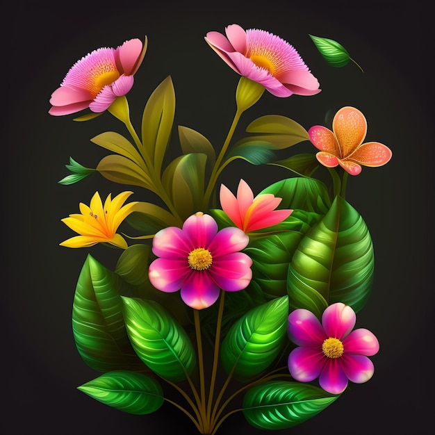 Un dipinto colorato di fiori con foglie verdi e fiori rosa.