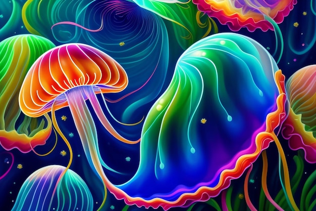 Un dipinto colorato di meduse e una medusa