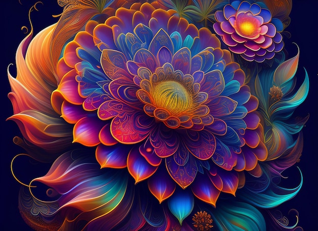 Un dipinto colorato di un fiore con un grande fiore al centro.