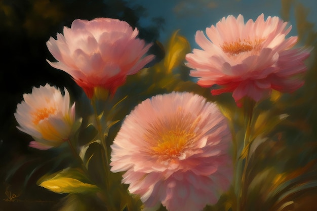 Un dipinto di fiori rosa con il sole che splende su di loro.