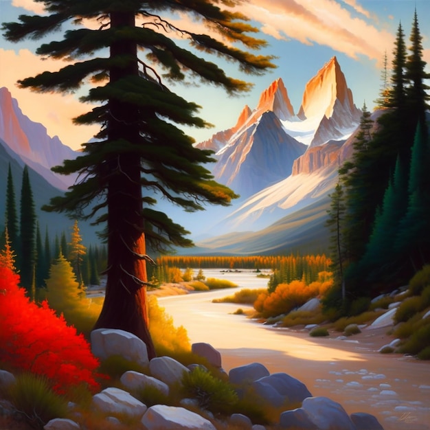 Un dipinto di un paesaggio montano con un albero in primo piano e una montagna sullo sfondo.