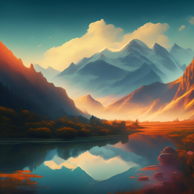 Un dipinto di un paesaggio montano con un lago e montagne sullo sfondo.
