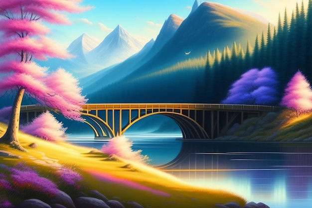 Un dipinto di un ponte su un lago di montagna con le montagne sullo sfondo.
