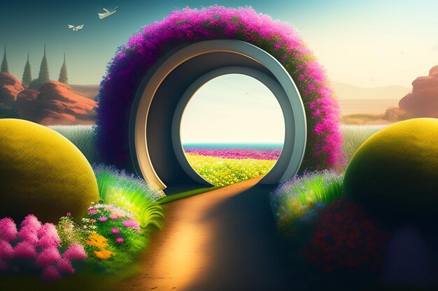 Un dipinto di un tunnel con un campo di fiori viola sullo sfondo.
