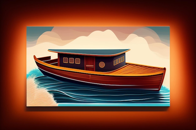 Un dipinto di una barca in acqua con sopra la parola barca.