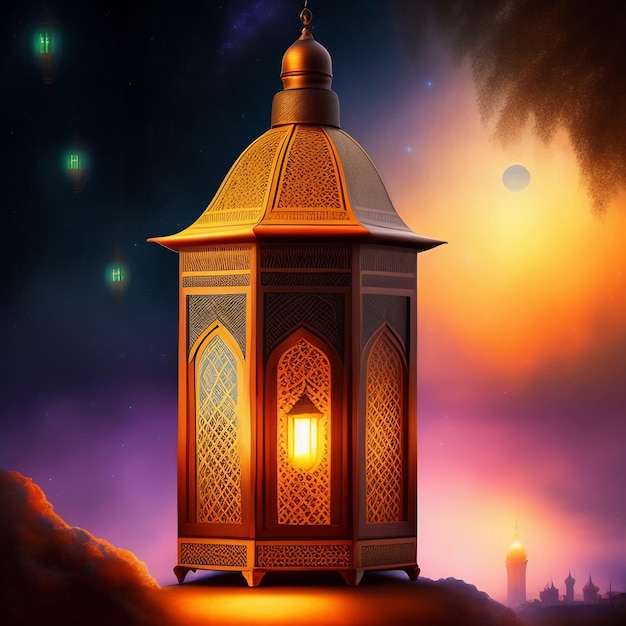 Un dipinto di una lampada con sopra la parola ramadan