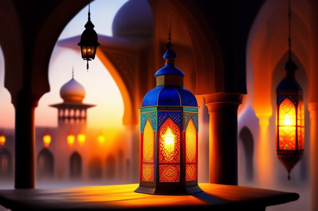 Un dipinto di una lanterna blu davanti a una moschea.