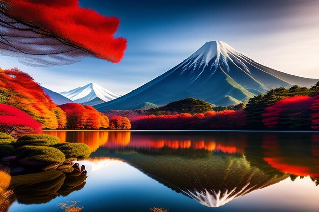 Un dipinto di una montagna con sopra una foglia rossa