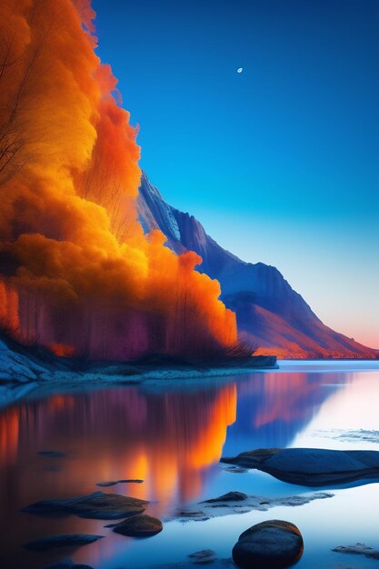 Un dipinto di una montagna e di un lago dai colori arancio e blu.