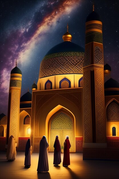 Un dipinto di una moschea con una cupola blu e un cielo notturno stellato.