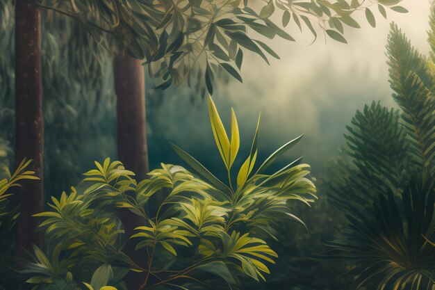 Un dipinto di una scena della giungla con una pianta verde e una pianta a foglia verde.