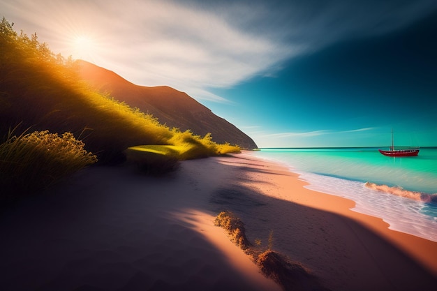 Un dipinto di una spiaggia con un tramonto e il cielo sullo sfondo.