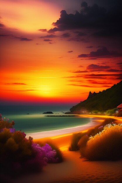 Un dipinto di una spiaggia con un tramonto sullo sfondo.