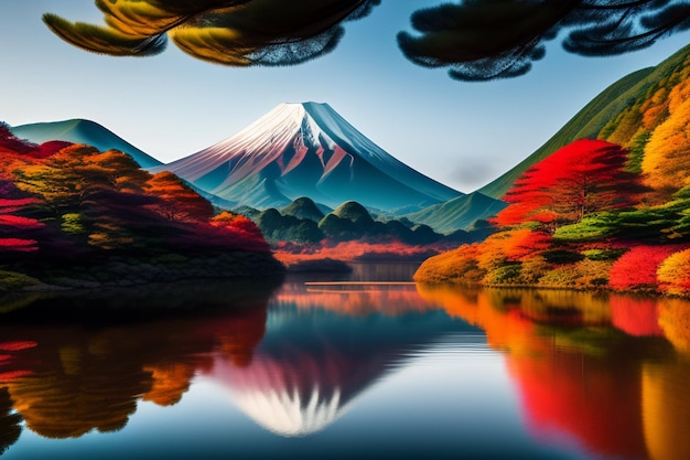 Un dipinto digitale di una montagna con un lago in primo piano e un colorato paesaggio di alberi e montagne sullo sfondo.