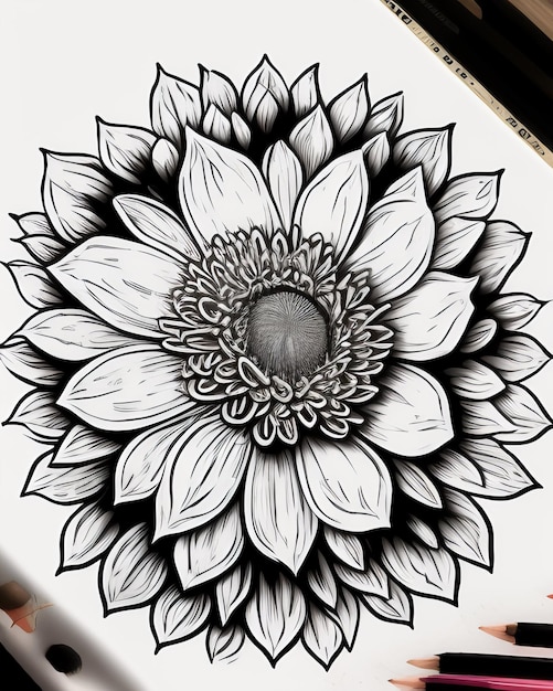 Un disegno in bianco e nero di un fiore con una matita di colore chiaro.