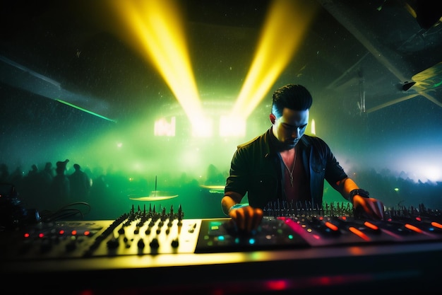 Un dj che suona musica in un club con una luce verde dietro di lui.
