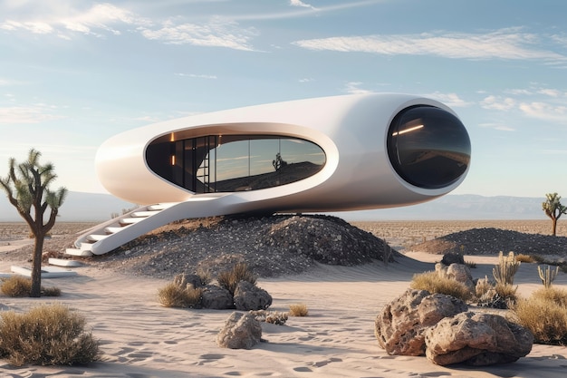 Un edificio futuristico che si fonde perfettamente con il paesaggio del deserto.