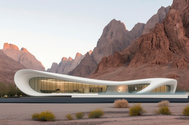 Un edificio futuristico che si fonde perfettamente con il paesaggio del deserto.