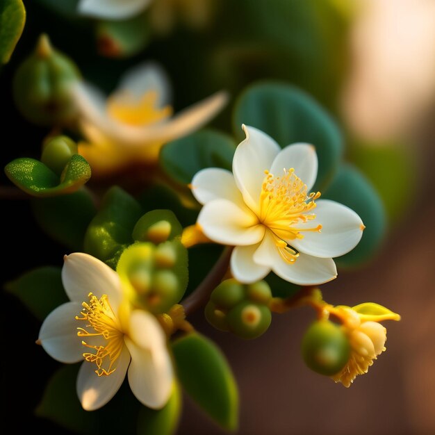 Un fiore bianco con un centro giallo è circondato da foglie verdi.