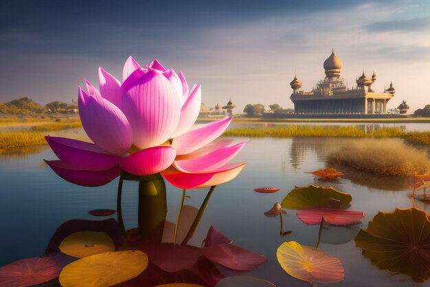 Un fiore di loto davanti a un tempio