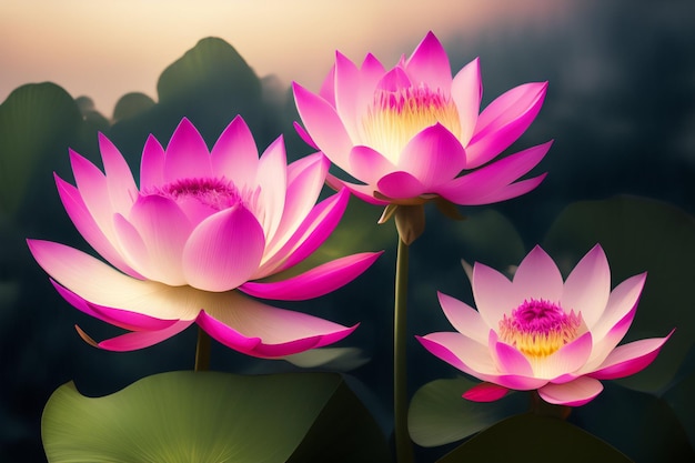 Un fiore di loto rosa con una foglia verde sullo sfondo