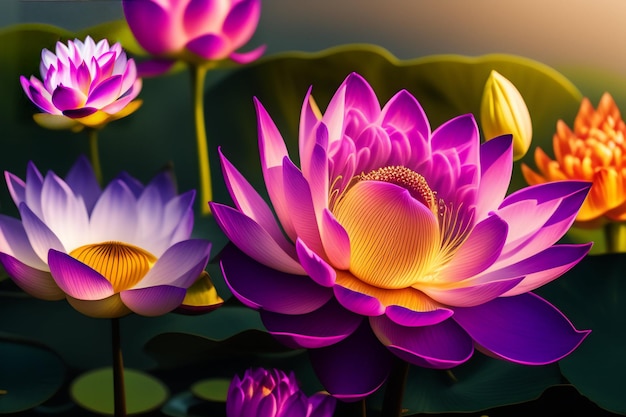 Un fiore di loto viola con la parola loto sul fondo