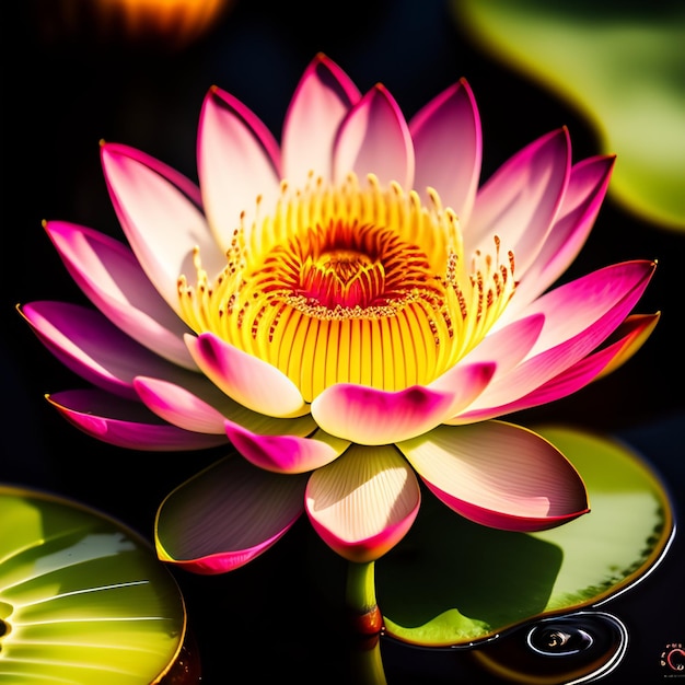 Un fiore rosa e giallo è nell'acqua.