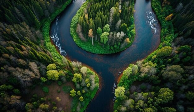 Un fiume attraversa una foresta con una foresta sullo sfondo.