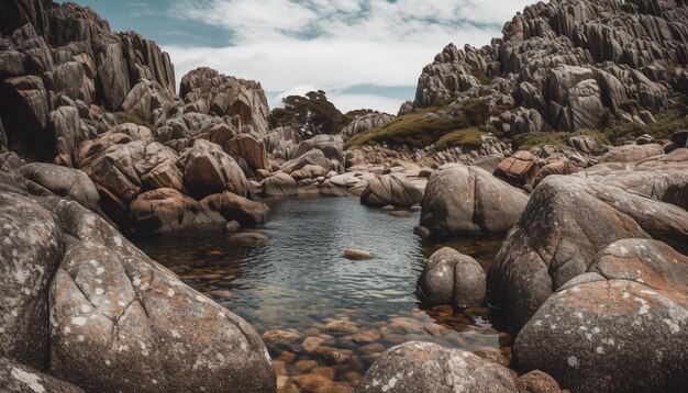 Un fiume in montagna con rocce e rocce in primo piano.