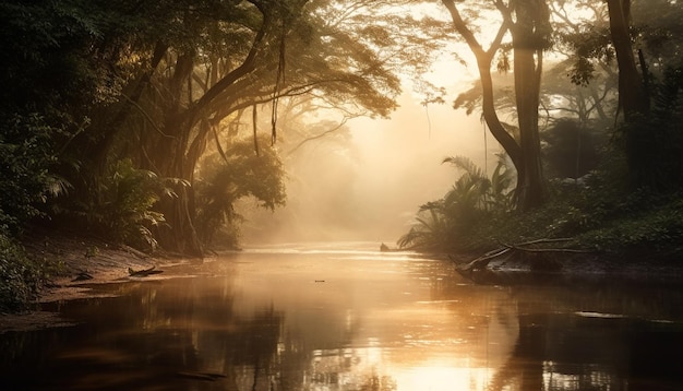 Un fiume nella giungla con una foresta sullo sfondo