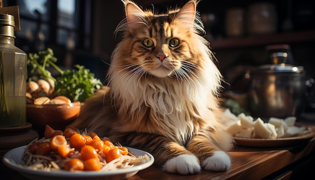 Un gattino carino seduto sul tavolo che guarda la telecamera che mangia cibo generato dall'intelligenza artificiale