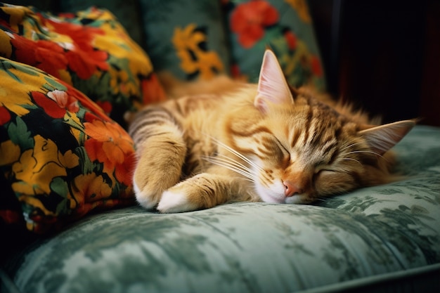 Un gatto carino che dorme in casa.