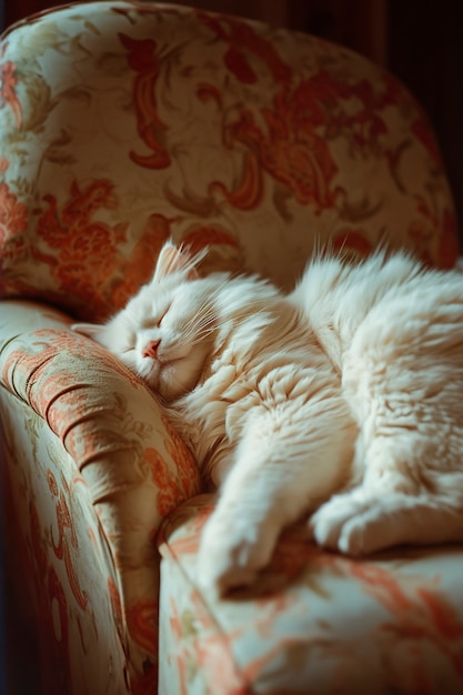 Un gatto carino che dorme in casa.