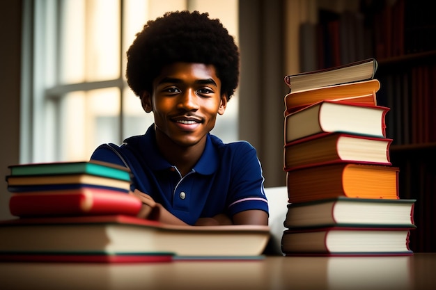 Un giovane è seduto a una scrivania con sopra dei libri.