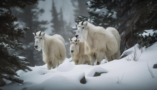 Un gruppo di capre di montagna si trova nella neve in montagna.